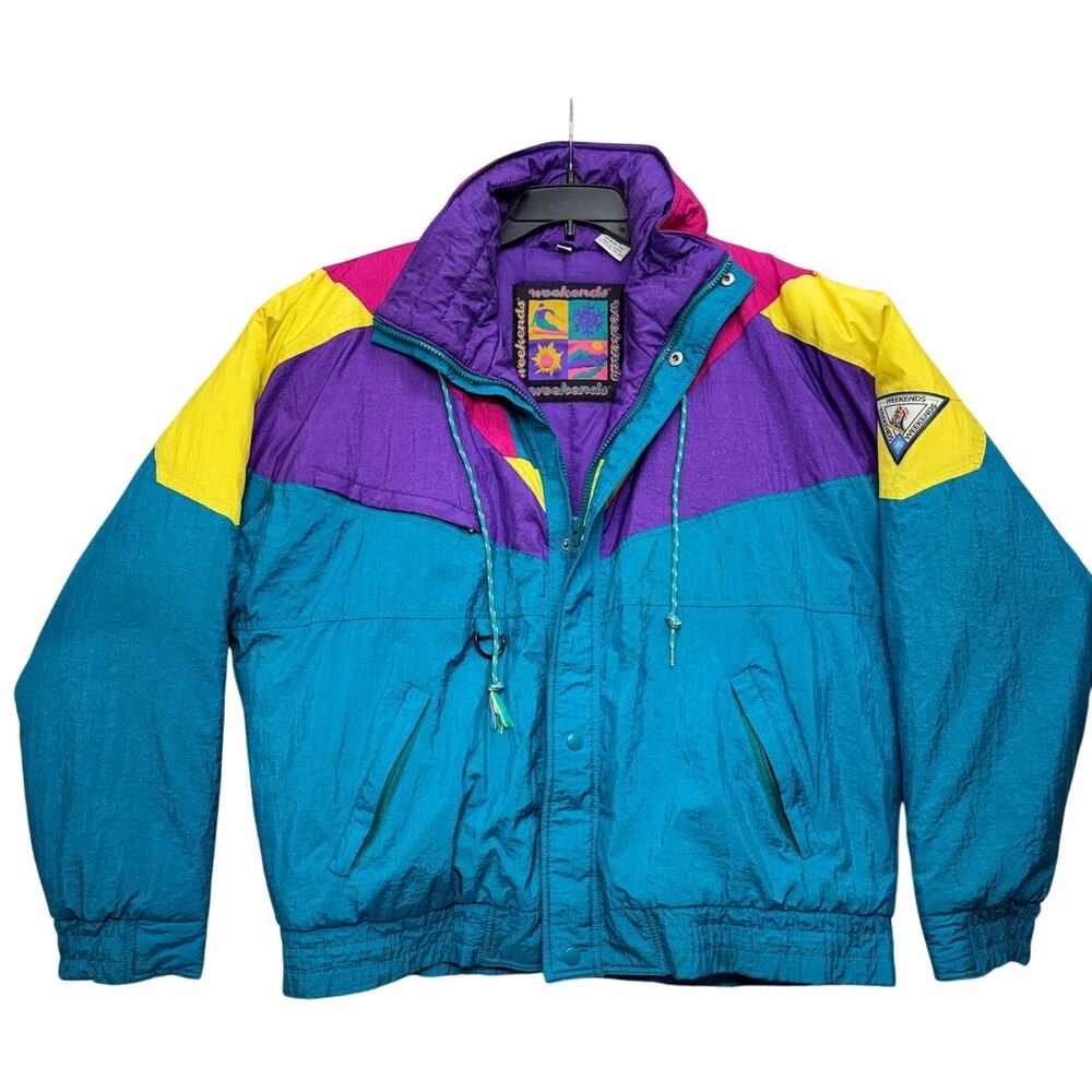 Vintage 80s Ski Jacket Mens Medium Neon Colorblock Hidden Hood Puffer Weekends